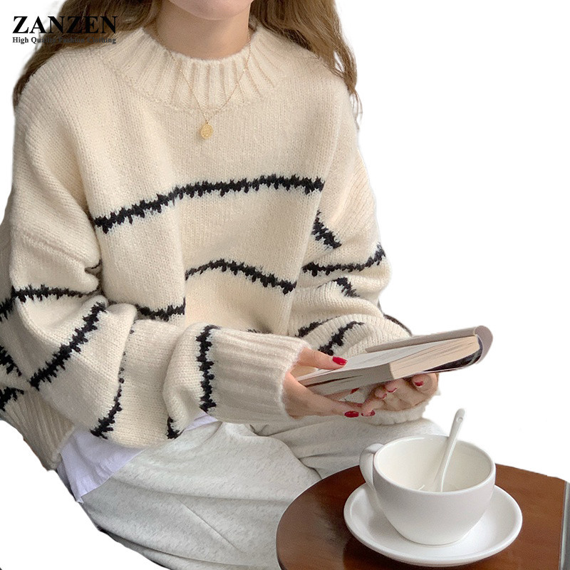 ZANZEN Korean Style Fashion Striped Sweater Women Retro Loose Long