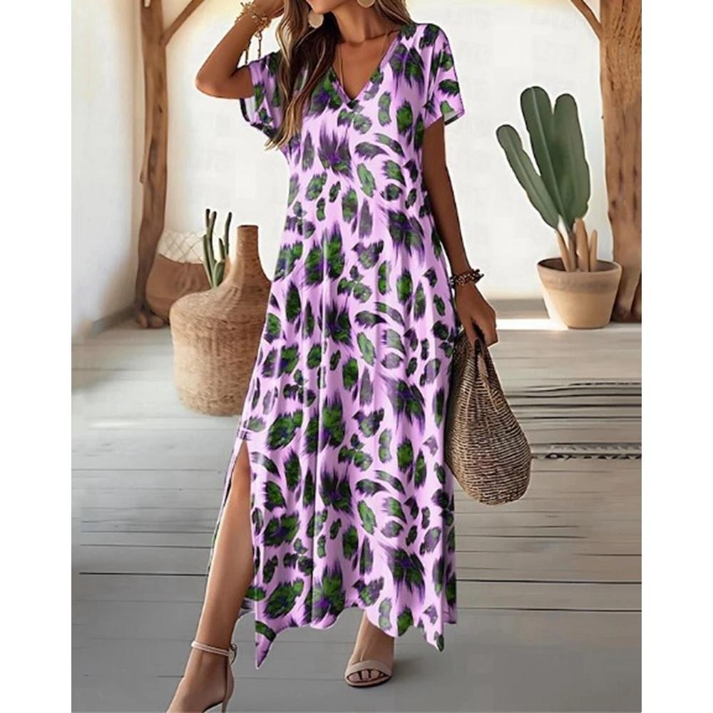 All Over Leopard Print Short Sleeve Hem Side Slit Women Dress Summer V ...
