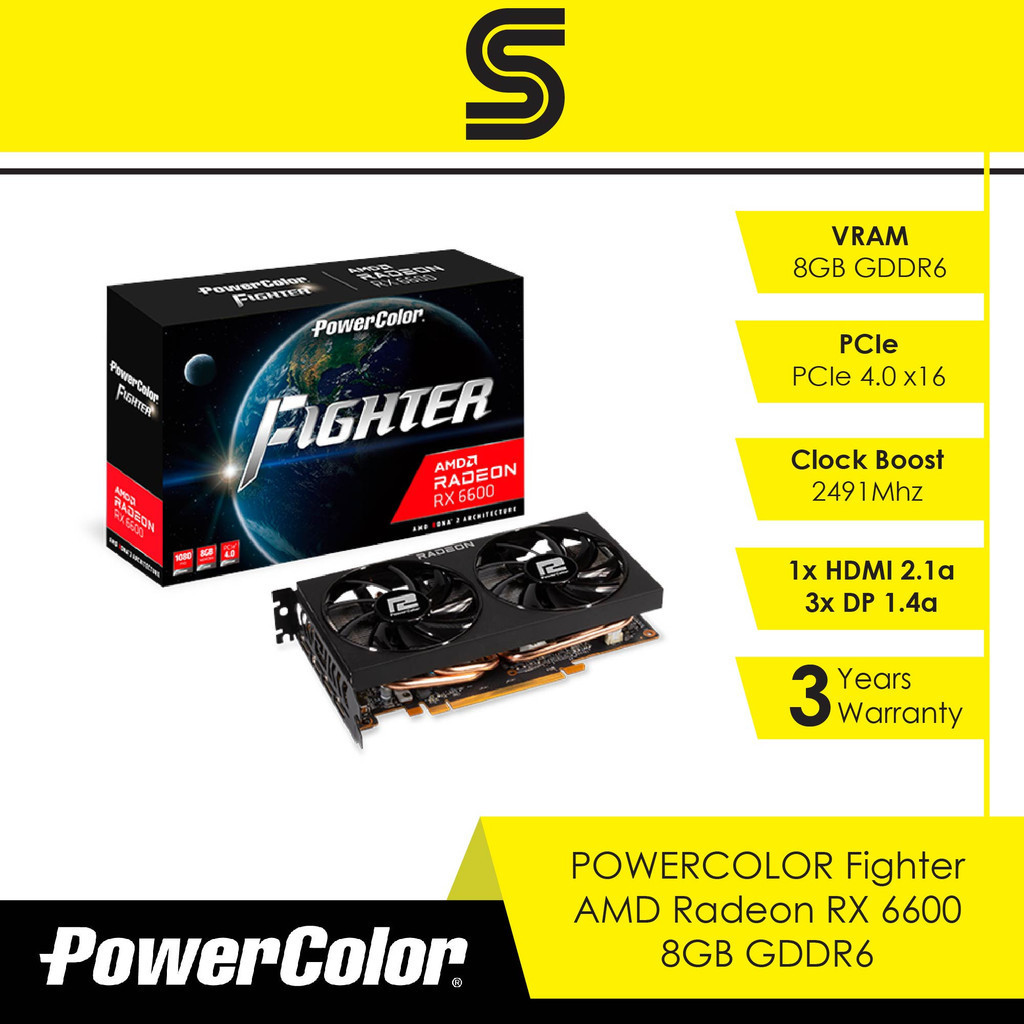 POWERCOLOR Fighter AMD Radeon RX 6600 8GB GDDR6 (AXRX 6600 8GBD6-3DH ...
