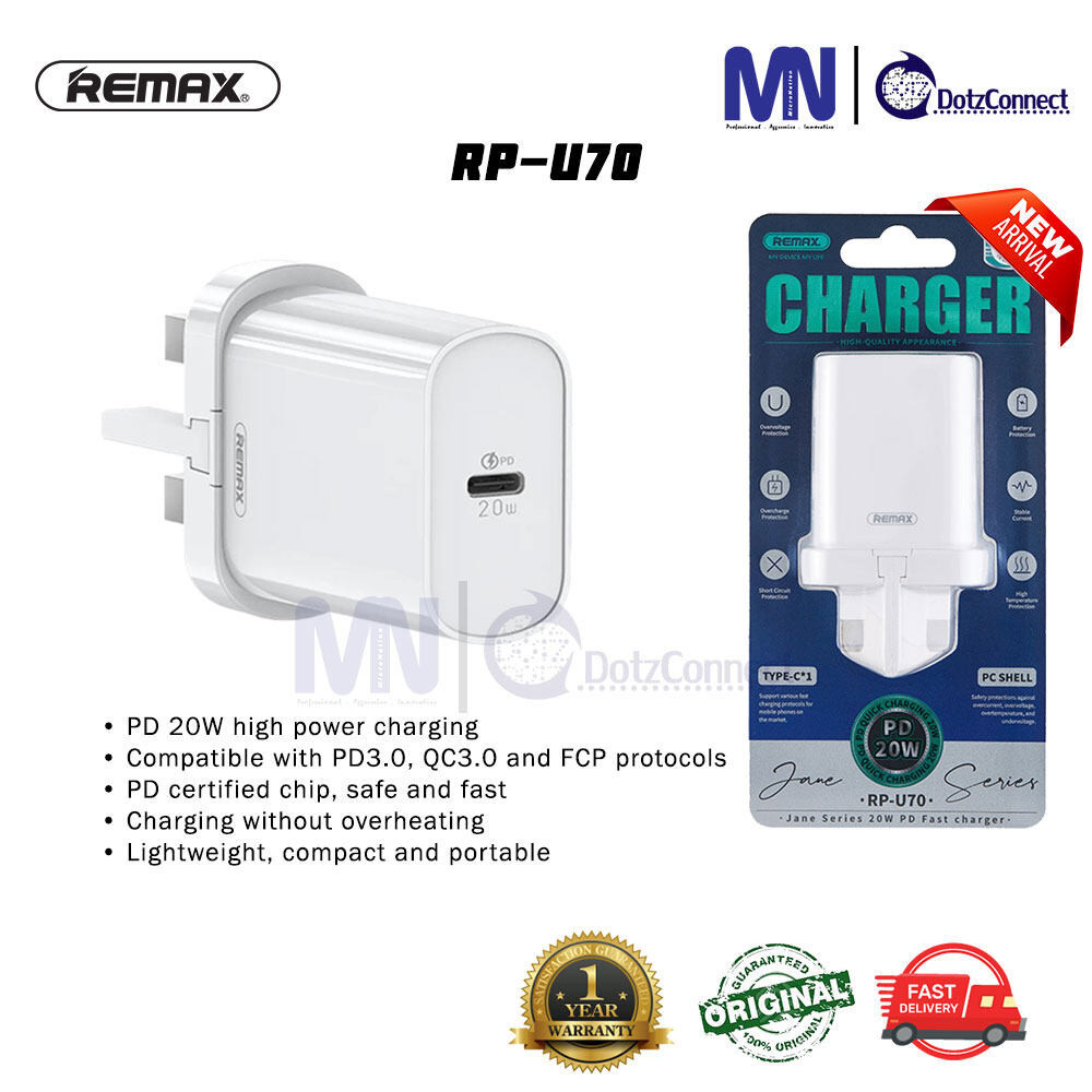 Remax RP-U70 Jane Series 20W PD Fast Charge Charger Type-C UK Plug ...