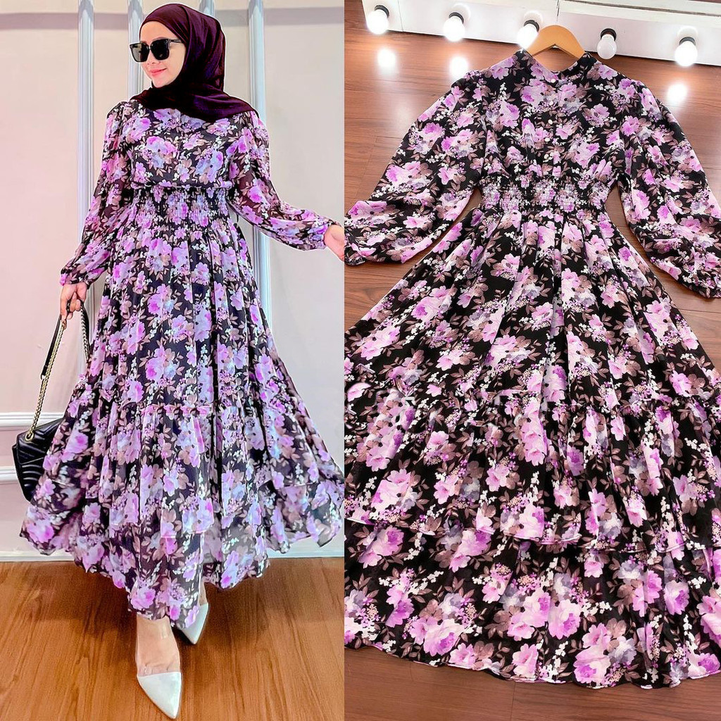 Ready Stock baju raya 2024 viral women Muslim new printed dress Shopee Malaysia