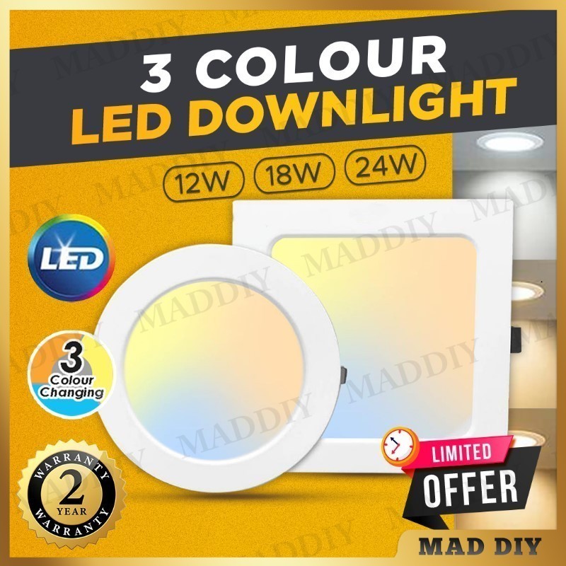 3 COLOR LED DOWNLIGHT 12W/18W/24W ROUND/SQUARE RECESSED LED PANEL LIGHT ...