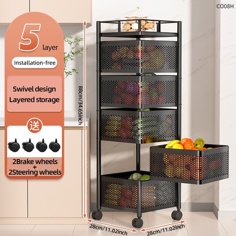 Rak dapur HOUYA 5-Tier Rotating Kitchen Rack 70L No-Assembly Metal ...