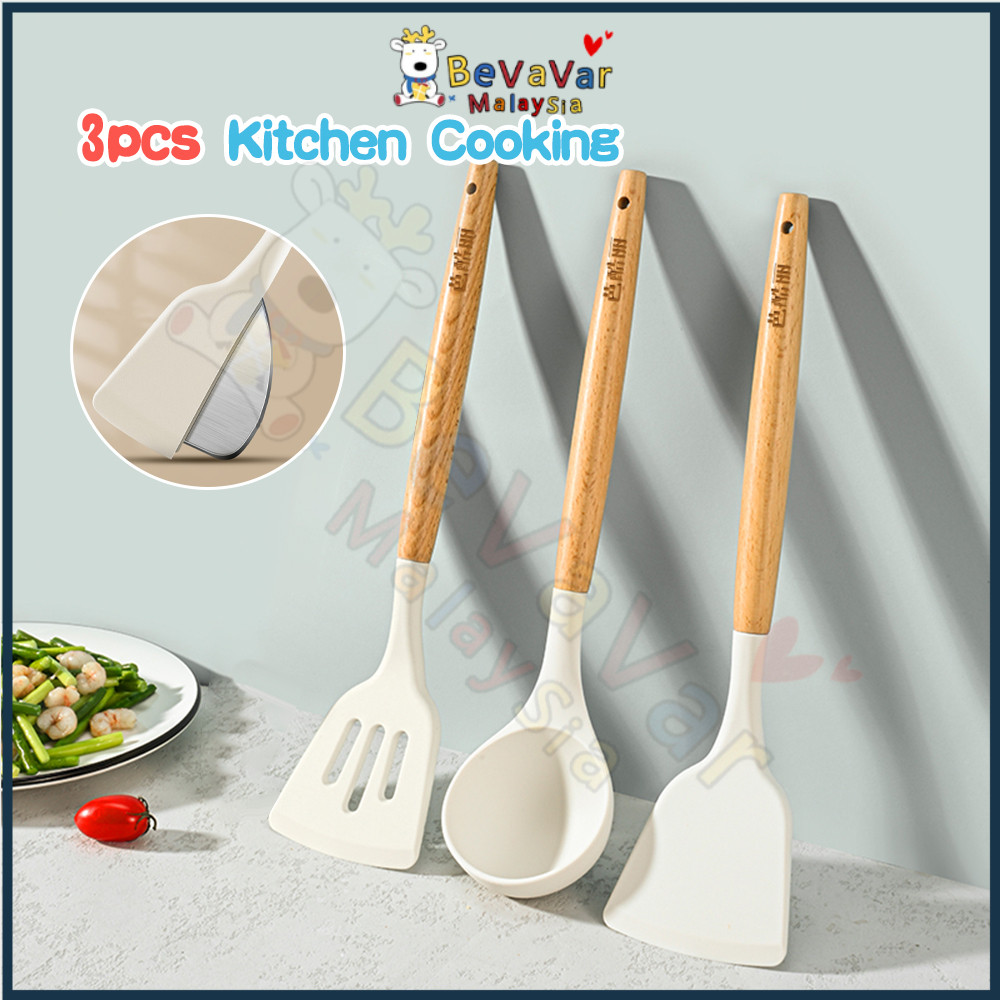Bevavar 3PCS Silicone Cooking Utensil Set Wood Handle Heat Resistant ...