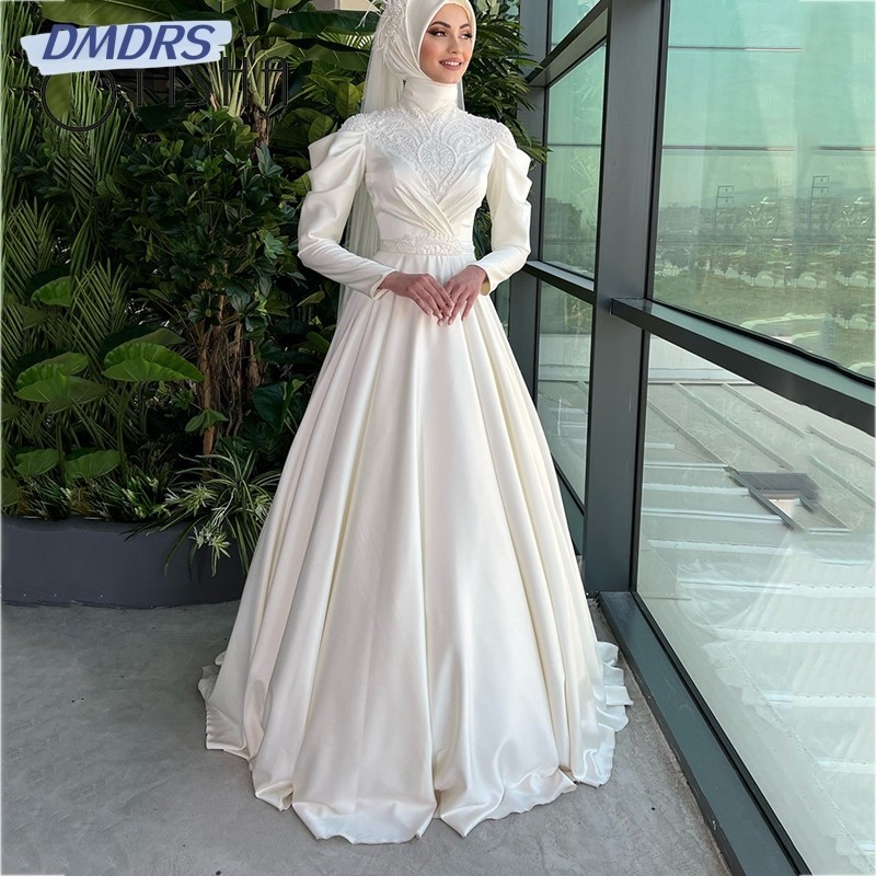 Elegant Satin Muslim Wedding Dress 2024 Delicate Appliques Lace Bridal Gown  Classic High Neck Long Sleeve Wedding Dresses | Shopee Malaysia