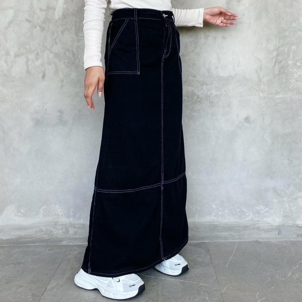 HITAM Os - A-Line Jeans Skirt List Hana Contrast Skirt Aline Black ...