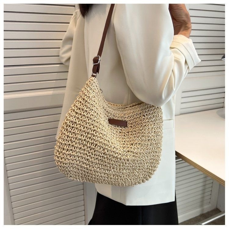Woven Bag Women Crossbody Bag Cotton Thread Straw Bag Shoulder Handmade Bag Drawstring Woven Bag Beach Bag main image 1