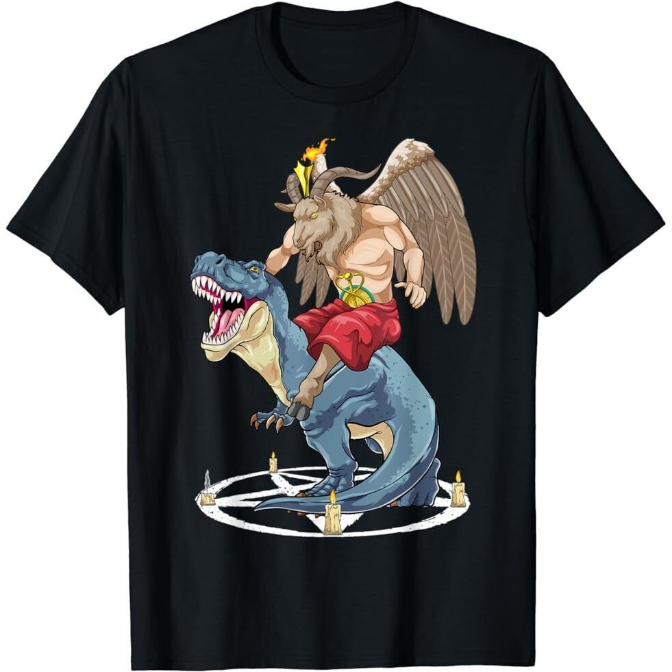 Satanic Baphomet Riding Dinosaur T-Re Satan Goat Pentagram T-Shirt ...