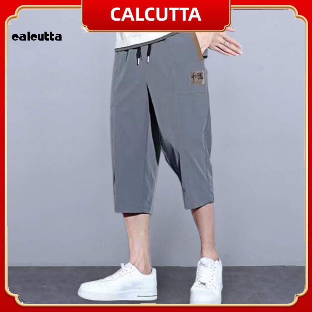 [calcutta] Men Cropped Pants Solid Color Straight Elastic Waist ...