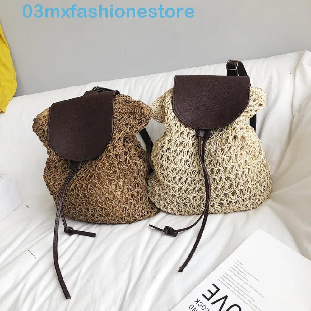 MXFASHIONE Summer Beach Bags, Hasp Hollow Out Weave Straw Backpack