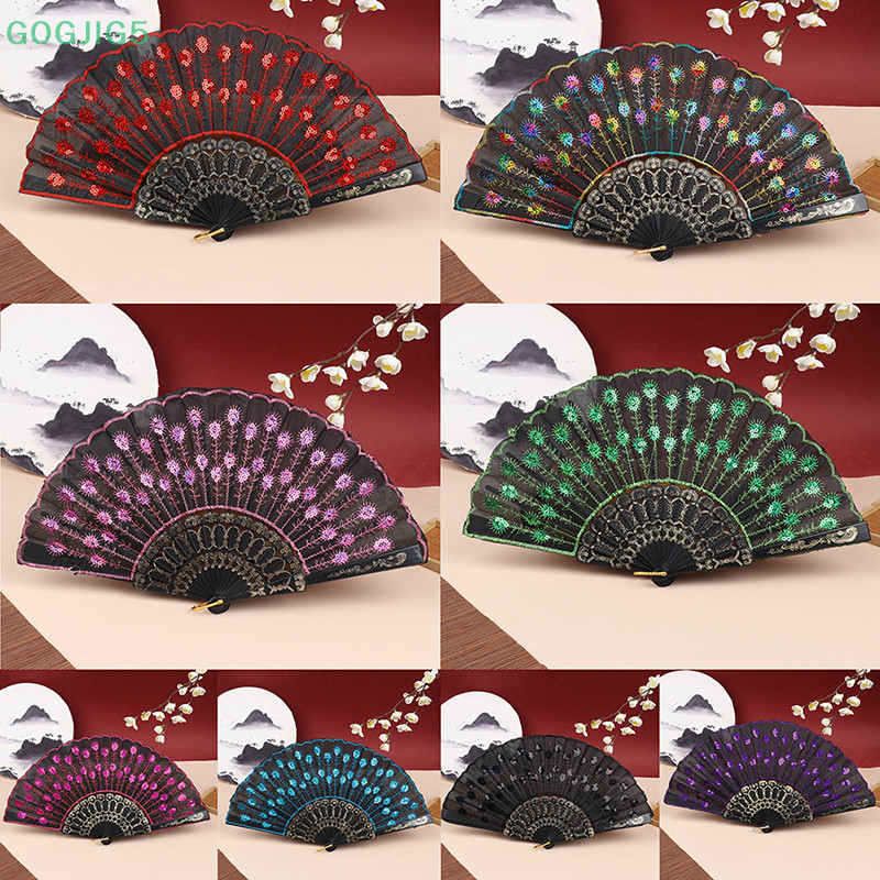 [GOGJIG5] Silk Fan Folding Fan Wedding Art Gifts Peacock Sequin Dancing ...