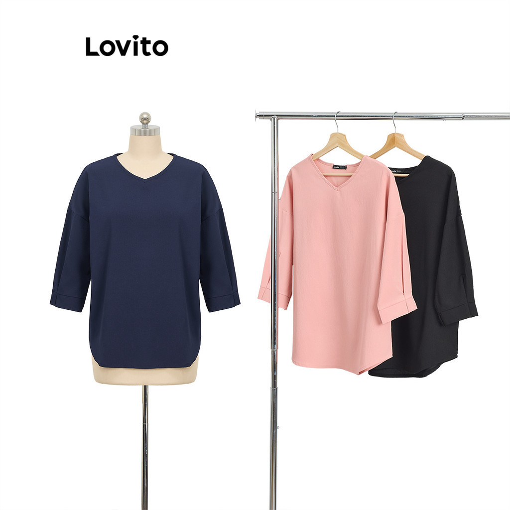 Lovito Modest Plain Pleated Basic Women Muslim Blouses for Women ...