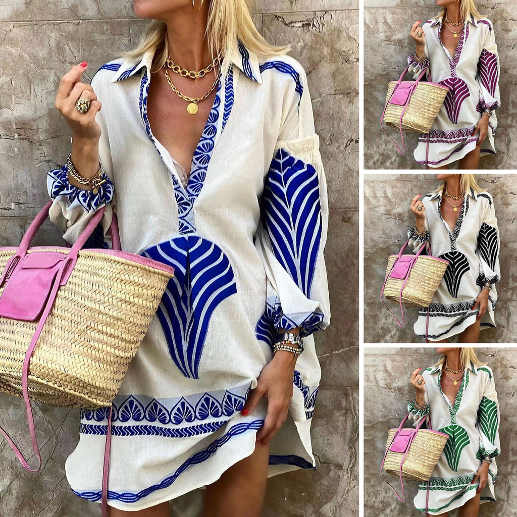 Women's Summer Dress Ladies Shirt Dress Casual Loose Printing Long ...