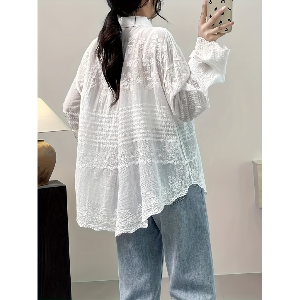 Floral Pattern Button Front Blouse, Casual Long Sleeve White Cotton ...
