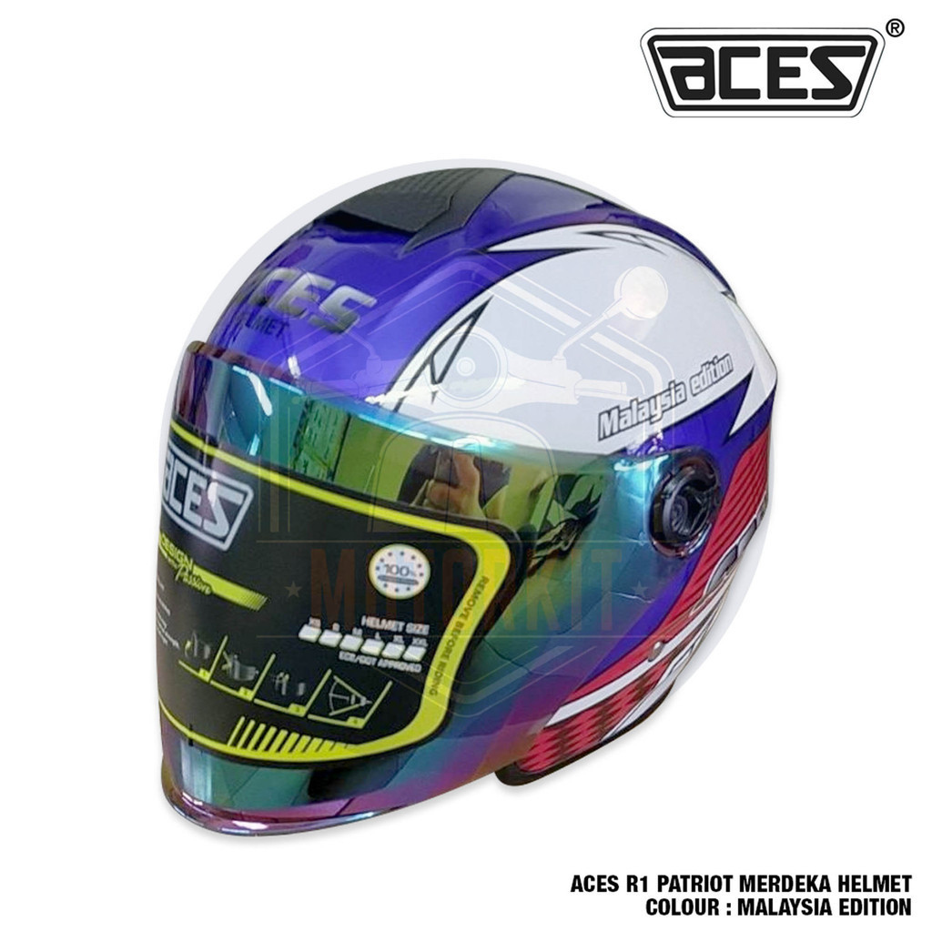 ACES R1 PATRIOT MERDEKA HELMET WITH RAINBOW VISOR TOPI KELEDAR SIAP ...