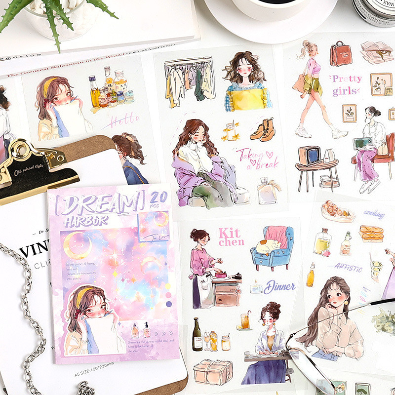 Journamm 20 Sheets Cute Girls Stickers PET Stickers Book Creativity ...