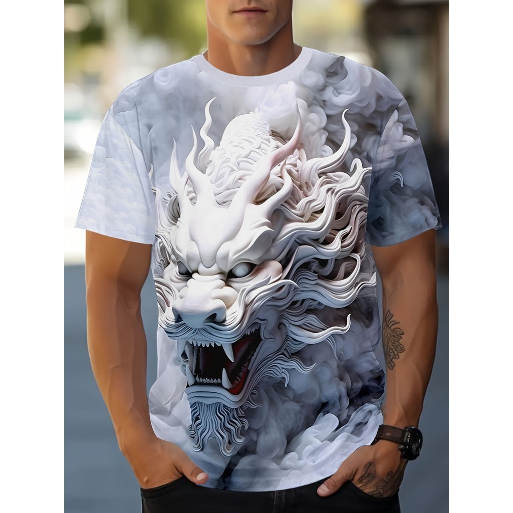 Men's Dragon Print T-shirt, Casual Short Sleeve Crew Collar T-shirt ...