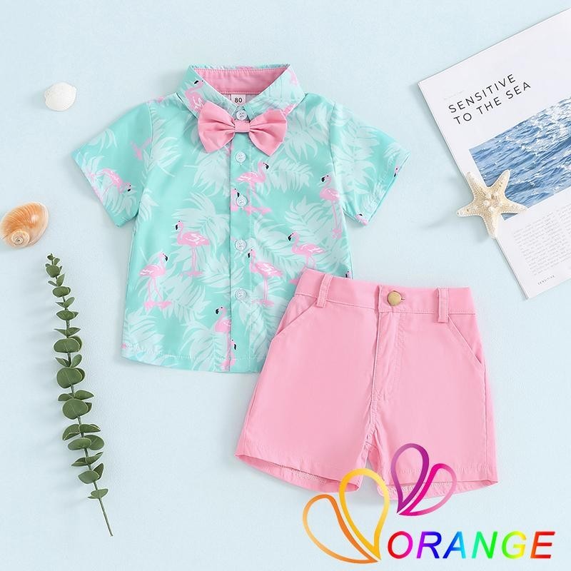 Ord7-toddler Boy Gentleman Outfit Flamingo Print Short Sleeves Button 