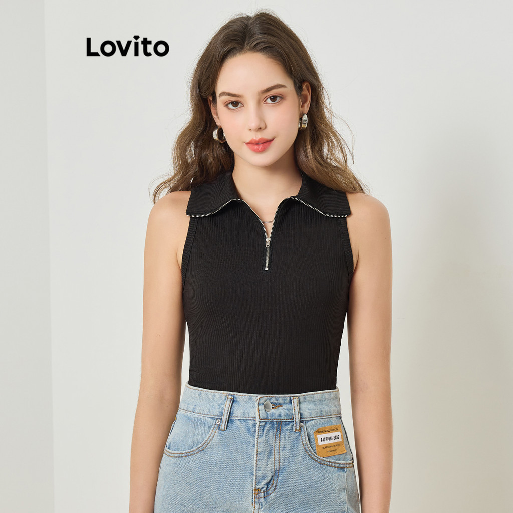 Lovito Elegant Plain Zipper Rib Knit Tank Top for Women L77ED231 Lovito ...