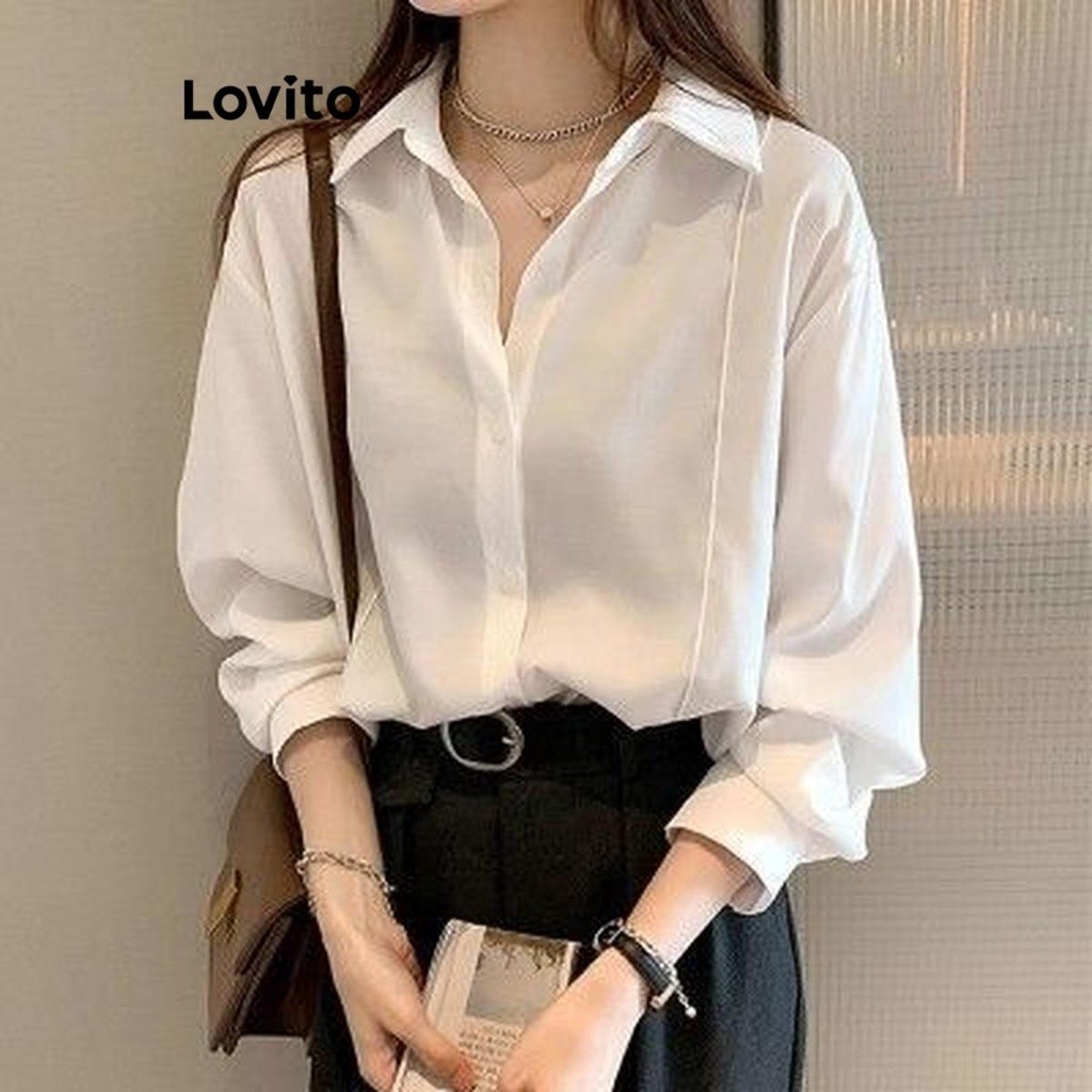 Lovito Elegant Plain Button Front Basic Blouse for Women LNE38330 ...
