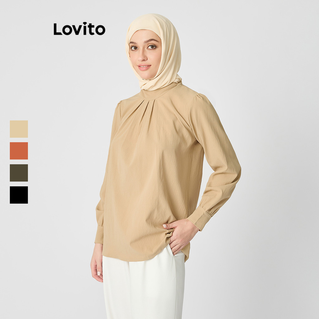 Lovito Modest Plain Pleated Blouse for Women L83ED929 Lovito Blus Lipit ...