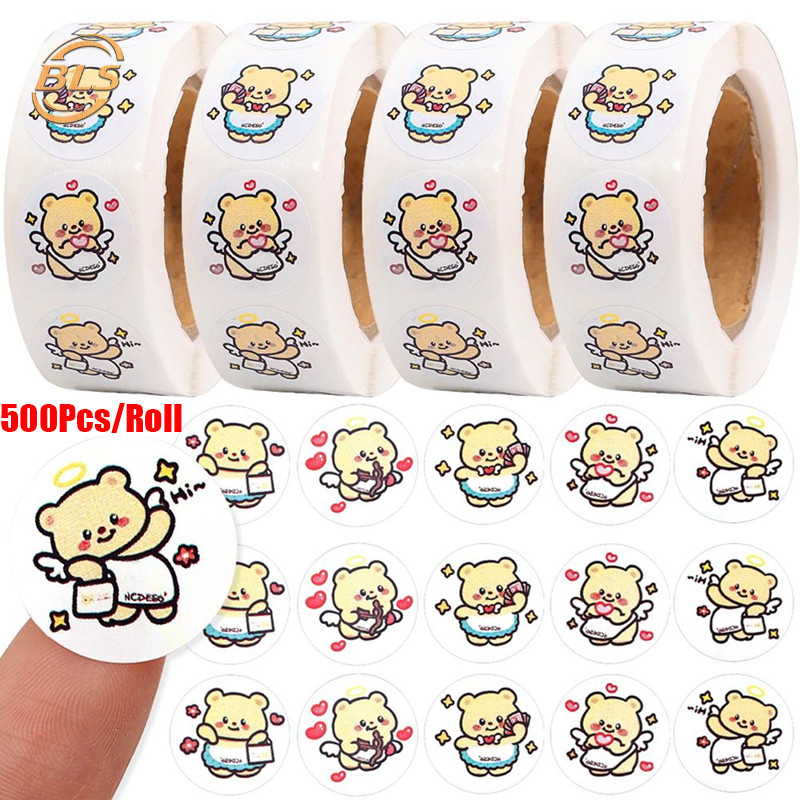 500 Pcs/ Roll Cartoon Butter Small Bear Style Round Sticker Decor - DIY ...