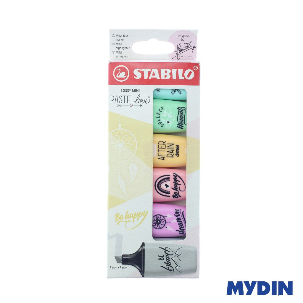 STABILO BOSS MINI Pastellove Edition 2.0 – Estuche Con 3 Rotuladores Pastel De Colores – Punta De Cincel De 2 Y 5 Mm, Tecnología Anti-Secado (4h) – Diseños Motivadores De Hannah Rabenstein