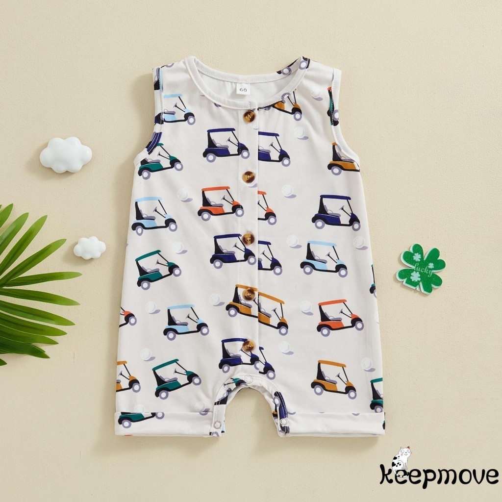 KEEP1MYBaby Girls Boys Romper Golf Print Sleeveless Buttons Crew Neck