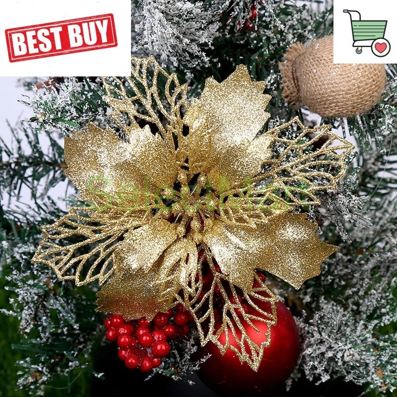 SM 2024 New Year Big Flower Head / 5Pcs Artificial Glitter Silk Flower Christmas Tree Ornament