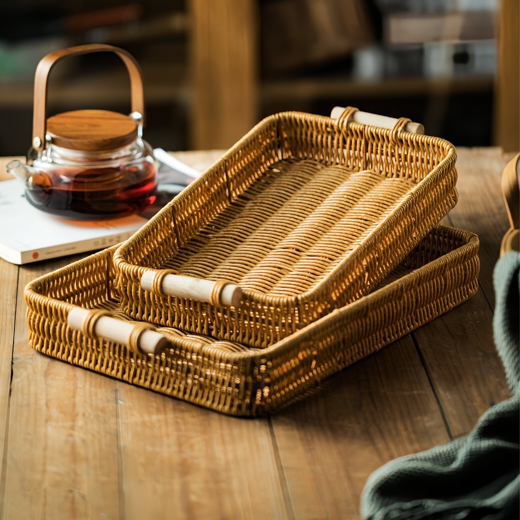 Rectangular/Round Tray With Wooden Handle PP Rattan Tray Bread Basket ...