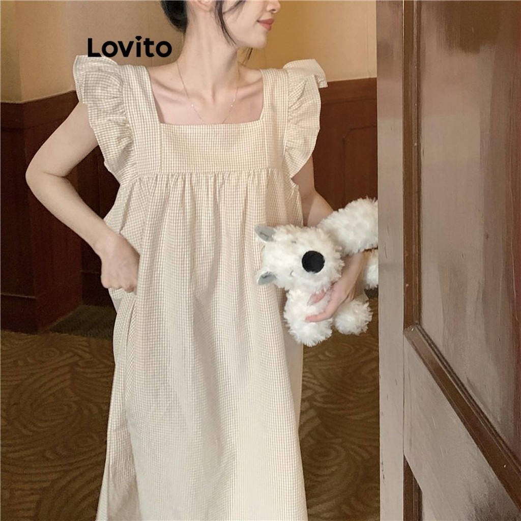 Lovito Casual Plain Ruffle Sleep Dress for Women LNA59097 Lovito Gaun