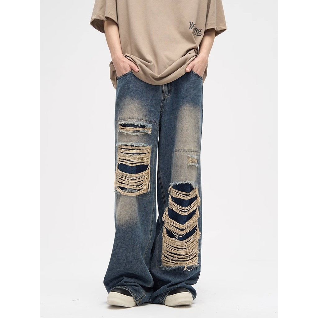 Vintage Washed Ripped Straight Leg Jeans Men
