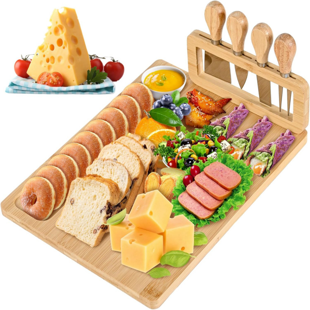 Unique Bamboo Cheese Board and Knife Set - Large Charcuterie Boards Set ...