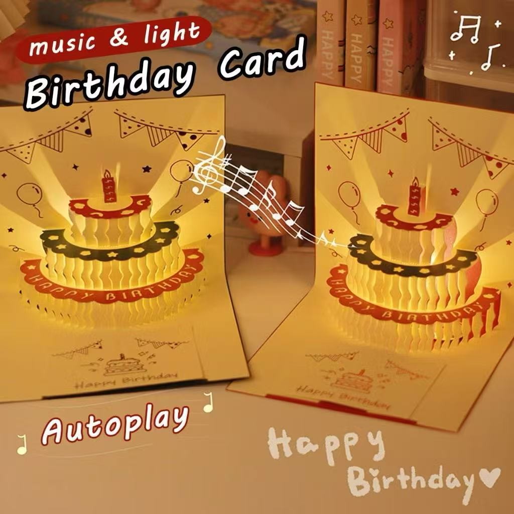Music Birthday Card Pop Up 3D Cake Musical Light Greeting Card Creative ...