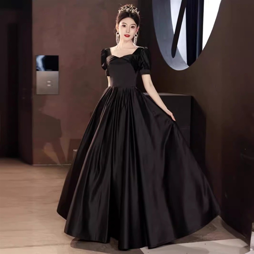Black Satin Banquet Evening Dress French Style Short Sleeved Square ...