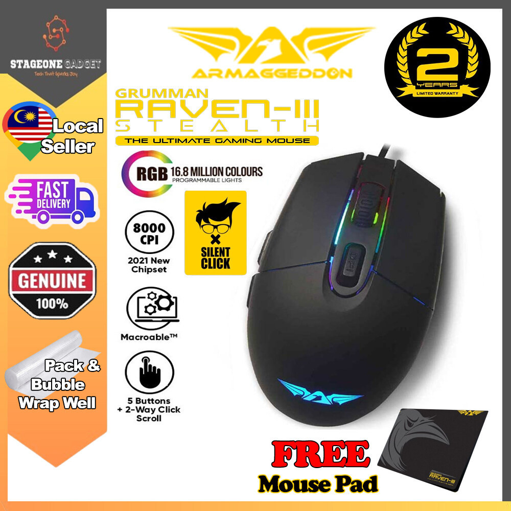 Armaggeddon Grumman Raven III 3 Stealth 8000 CPI RGB Silent Click 5+2 ...