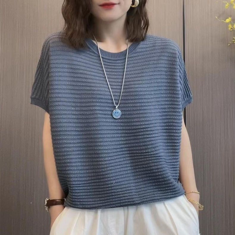 Round Neck Short Sleeved Loose Fitting Women's Striped Korean Top ...