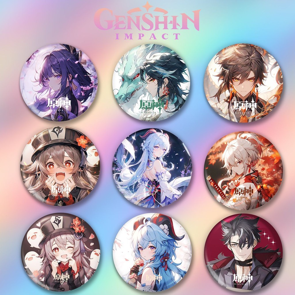 现货 高颜值原神动漫系列周边人物镭射玻璃碎吧唧组合套装High profile Genshin Impact animation series ...