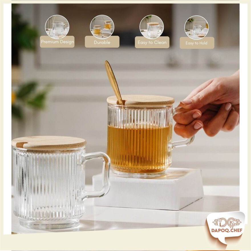 DC Simple Glass Coffee Mug With Wooden Lids Vertical Striped Line ...