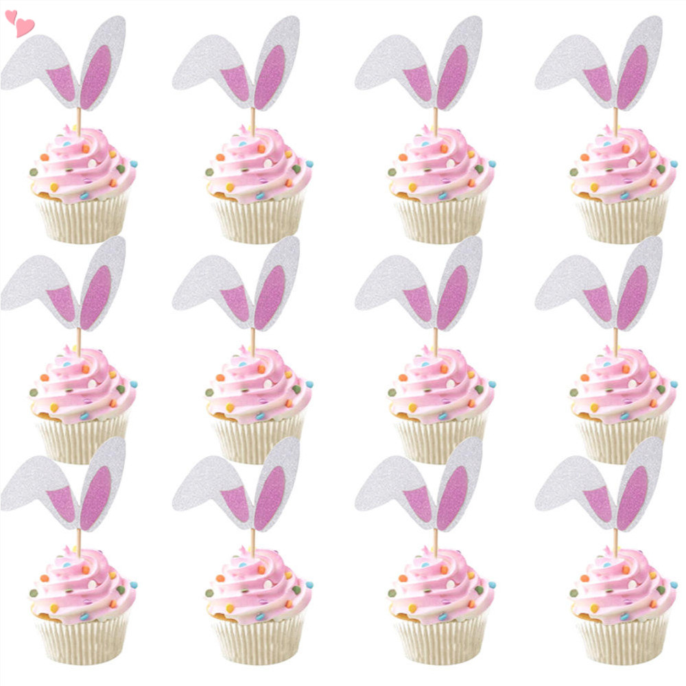 12pcs Glitter Bunny Ears Cupcake Toppers Easter Rabbit Theme Happy ...