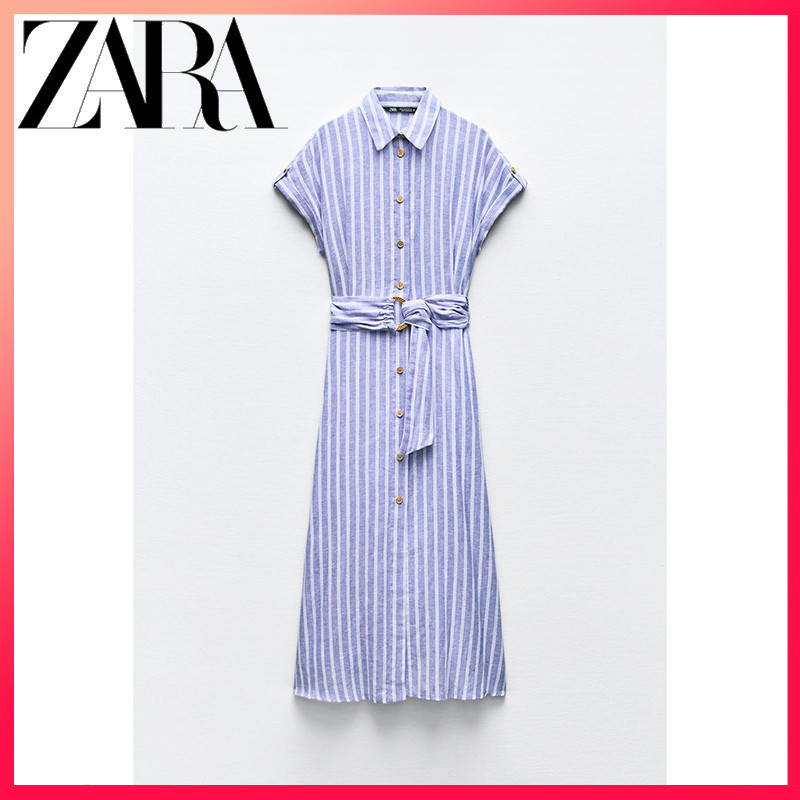 ZARA New Arrivals Women's Striped Linen Blend Midi Dress | Shopee Malaysia