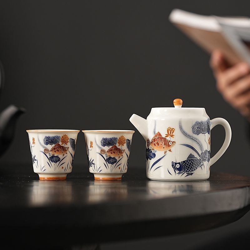 Ash Glaze Teko Bulat Ikan Anggur Biru dan Putih Satu Periuk Dua Cawan ...