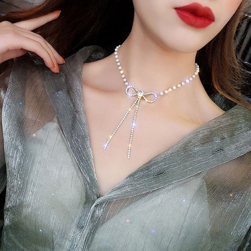 Pearl Bow Pendant Necklace Women Trendy Clavicle Chain Japanese Korean 