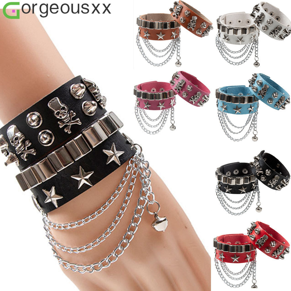 Black PU Leather Cuff Wristband for Women Men Gothic Punk Tassel Chain ...