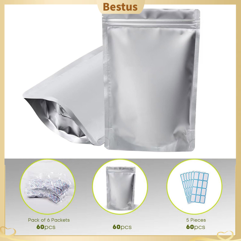 Bestus Ecofriendly Food Storage Solutions Foodgrade Mylar Bags 60 Pcs Zipper Bags with Oxygen