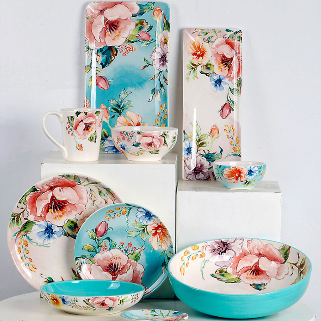 Floral Dinnerware Underglaze Colour Ceramic Dinner Plate Rectangle