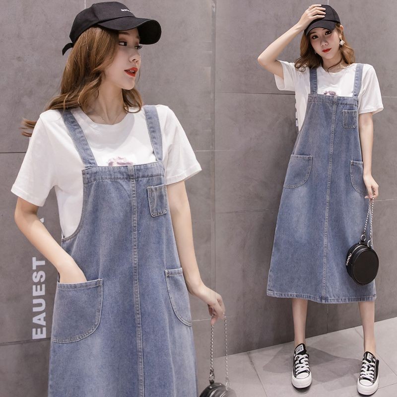 Denim Strap Skirt Over-the-Knee Long Skirt Trendy Retro Dress Student ...