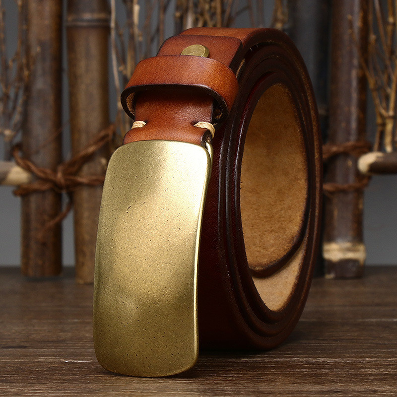 3.3cm Pure Cowskin Men Belt High Quality Genuine Leather Smooth Brass ...