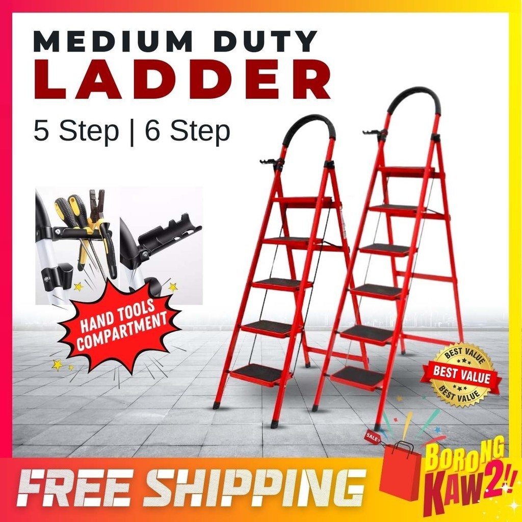 MEDIUM DUTY 5 / 6 Steps Foldable Steel Ladder Lightweight Industrial ...