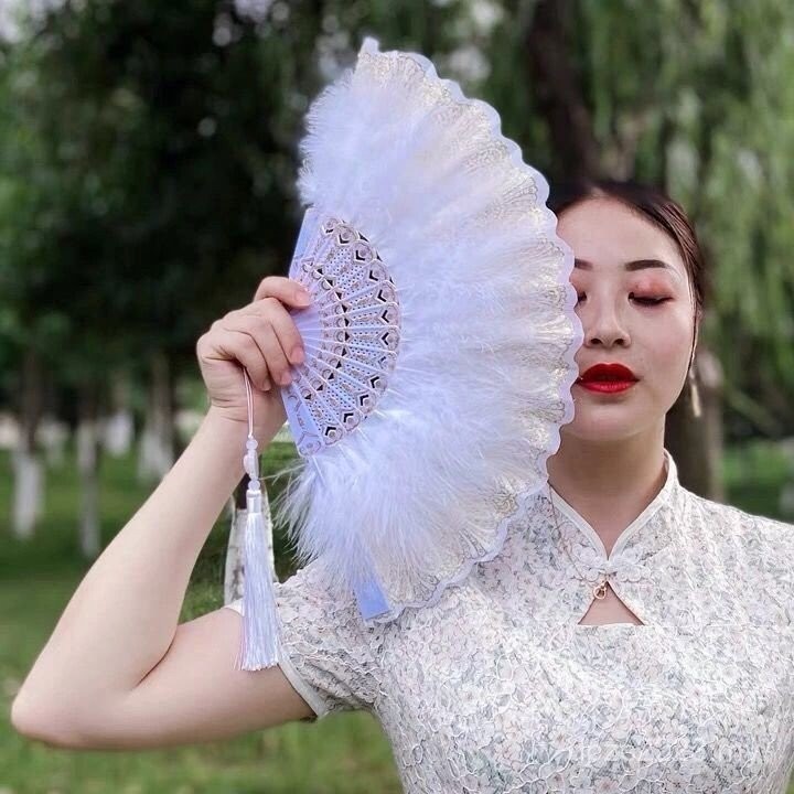 Fan 扇子 面具 Stage performance 日系洛丽塔复古黑色白色蕾丝lolita折扇扇子茶会羽毛扇 古风 6/12 ...